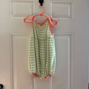 Saving Grace Smocks Girls Green Striped Tie Shoulder Bubble Romper Size 5